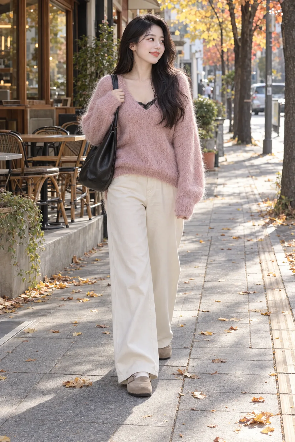 AI 생성 가상 모델 나경이 포그핑크 브이넥 니트에 아이보리 와이드 팬츠를 입은 모습