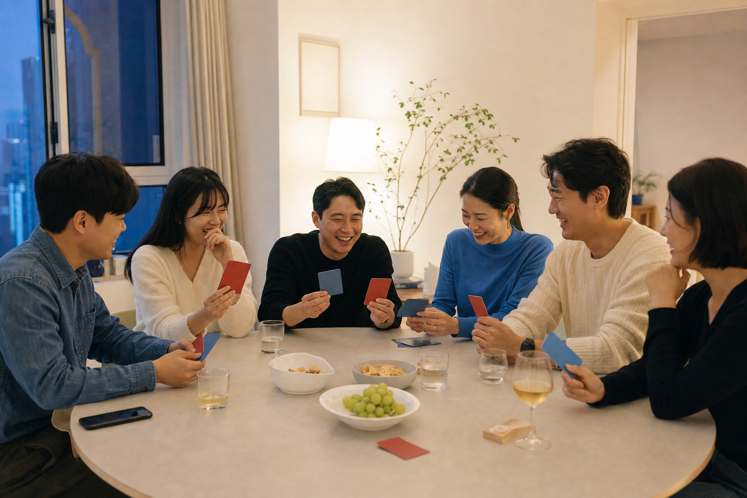 거실에 둘러앉아 빨간색과 파란색 카드를 고르는 친구 여섯 명