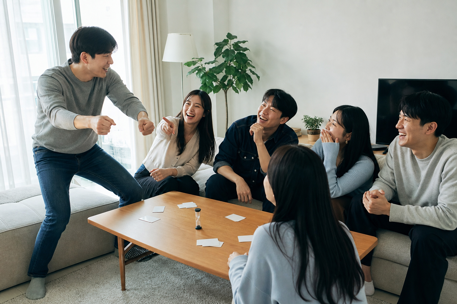 노를 젓는 동작을 연기하는 한 사람과 답을 맞히려는 친구 다섯 명