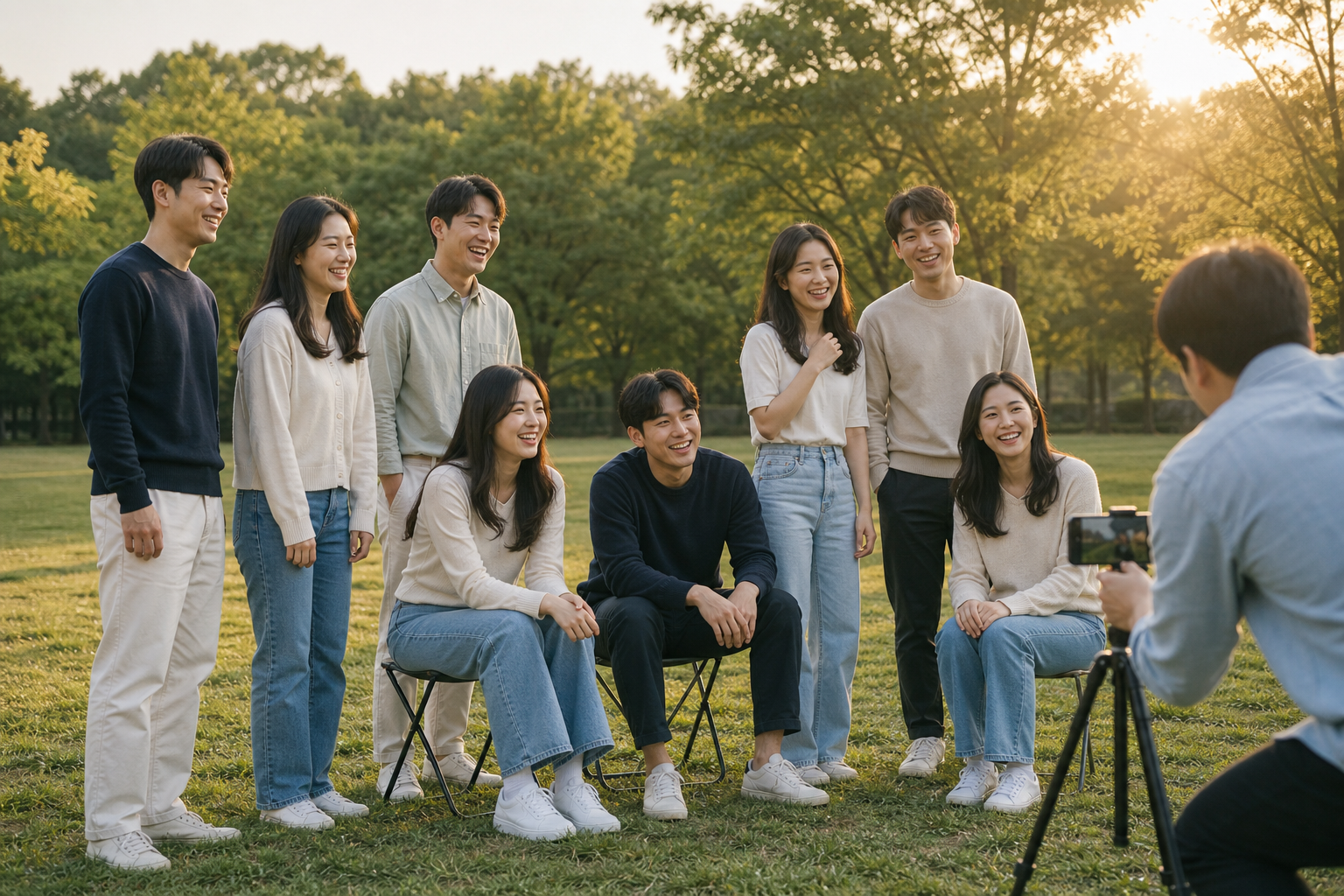 공원에서 앉은 사람과 선 사람을 엇갈려 배치한 친구 여덟 명의 단체 사진