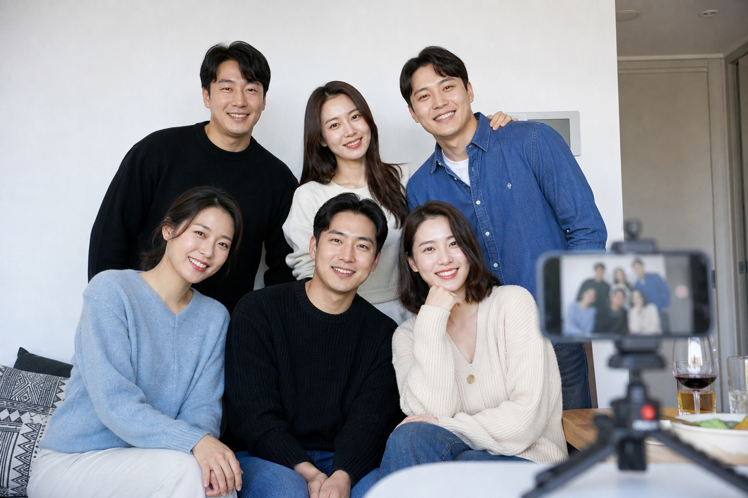 흰 벽 앞에서 두 줄로 엇갈려 선 친구 여섯 명과 전경의 휴대전화 삼각대