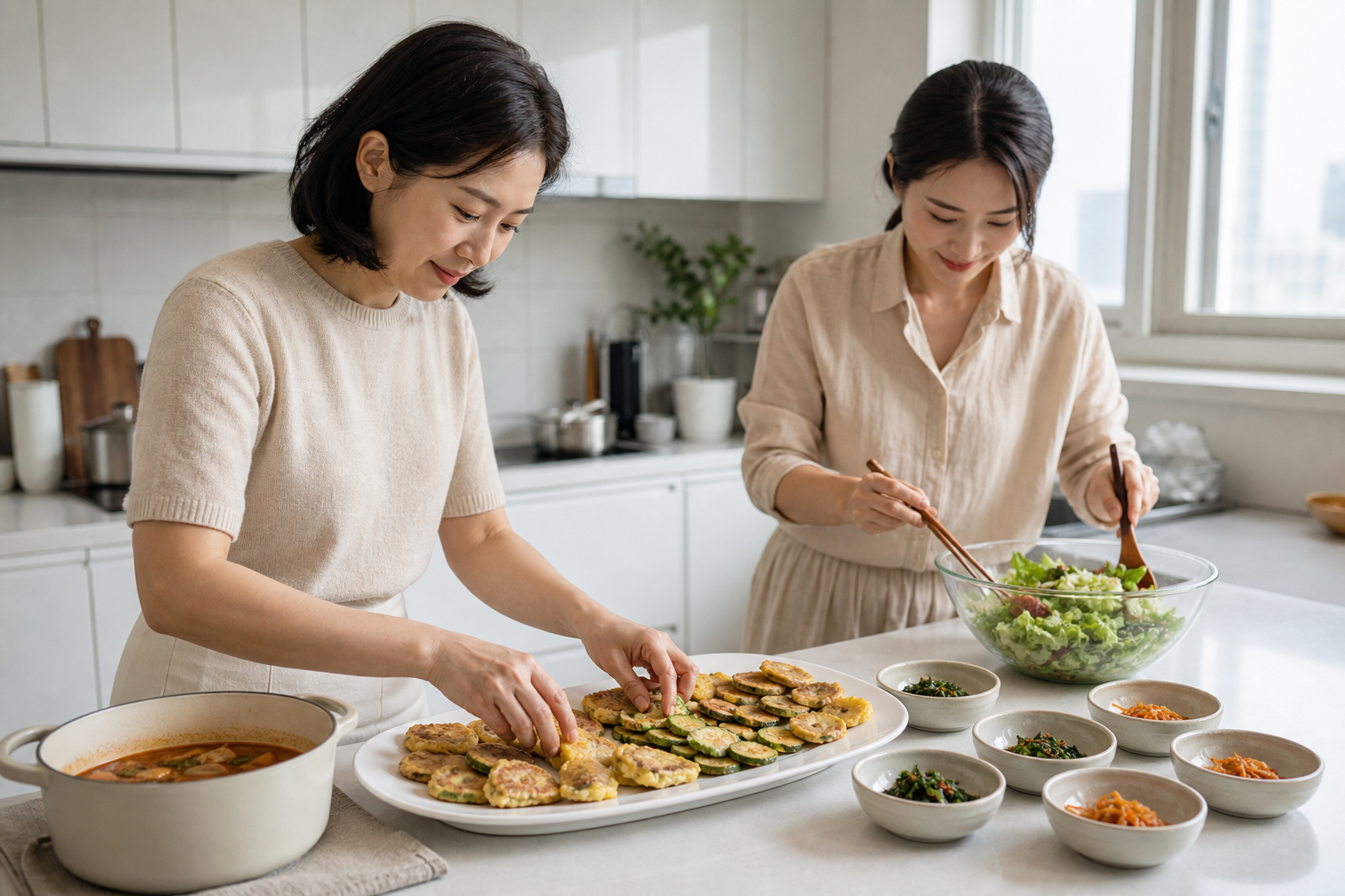 밝은 주방에서 전과 샐러드를 함께 준비하는 친구 두 명