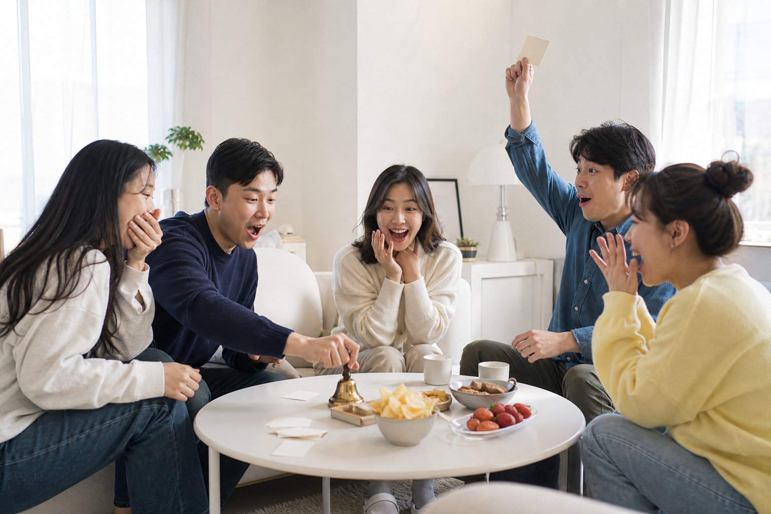 거실 탁자 위 종을 가운데 두고 퀴즈를 맞히며 웃는 친구 다섯 명